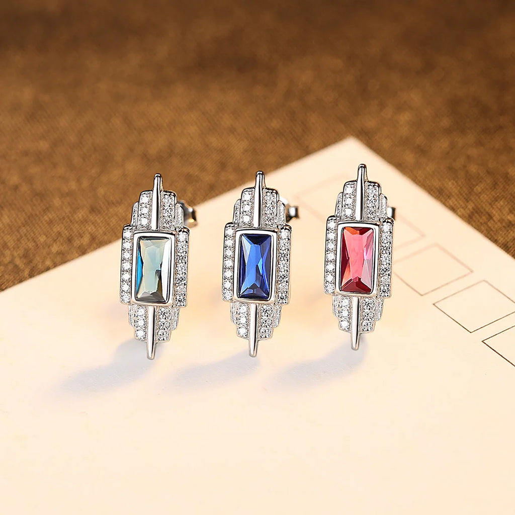 925 Sterling Silver Stud Earrings Colored Gemstone Rectangular Eardrop Gift