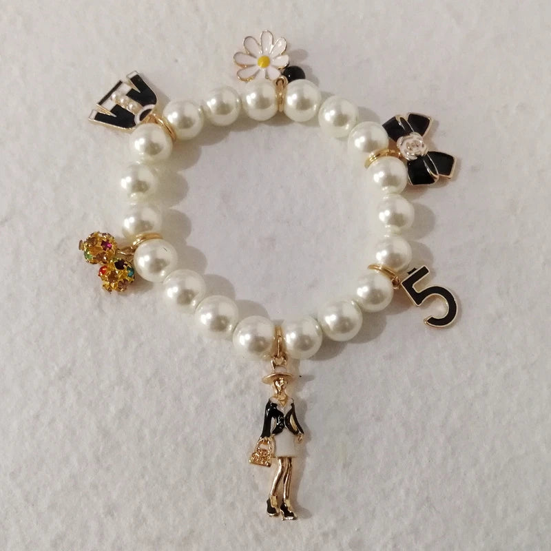 Elastic Glass Pearl Charms Bracelet for Women