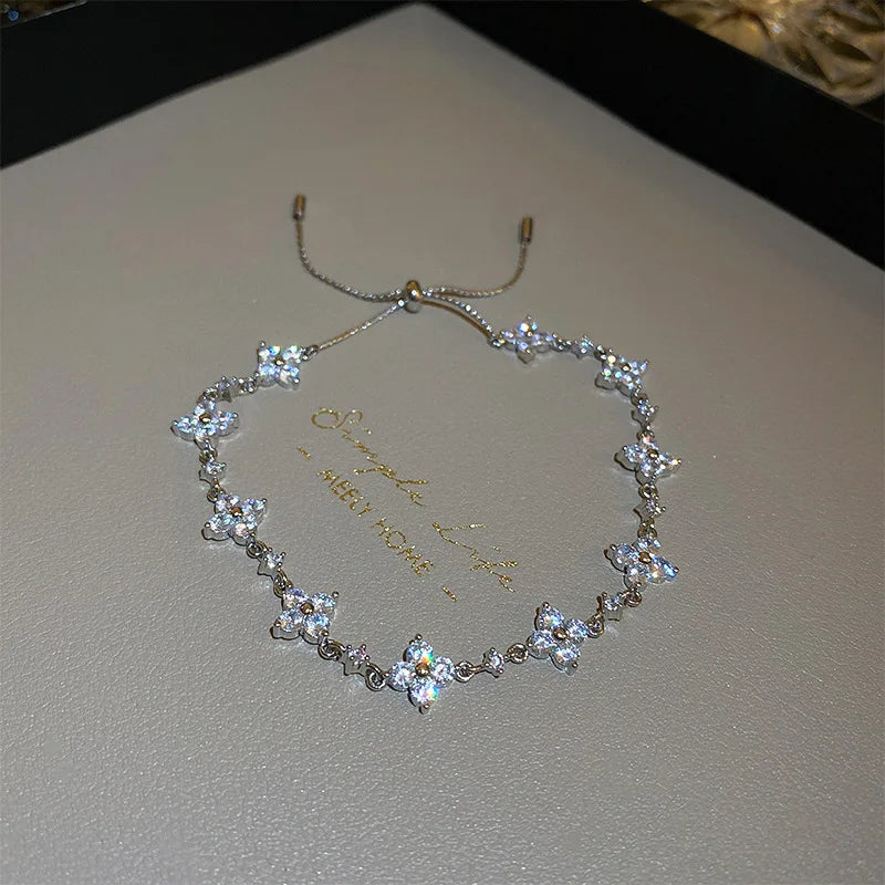 Zircon Flowers Heart Bracelet for Women Adjustable Female Wedding