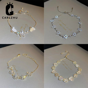 Zircon Flowers Heart Bracelet for Women Adjustable Female Wedding