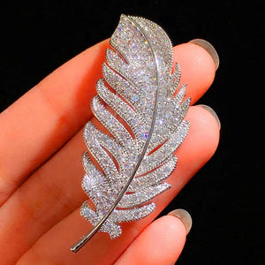 Crystal Feather Brooches Silver Rhinestone Alloy Lady Safety Pin