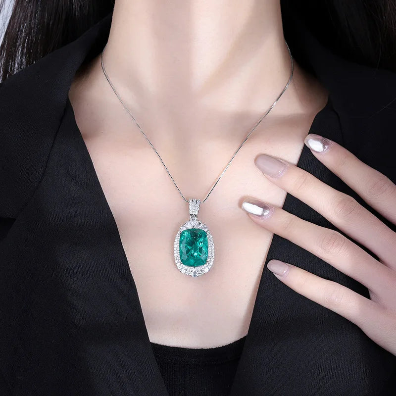 Emerald High Carbon Diamond Square Pendant Necklace Charms
