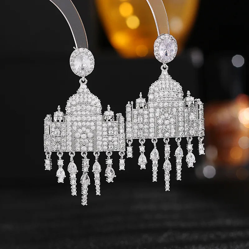 Castle Drop Earrings with Sparkling CZ 925 Sterling Silver