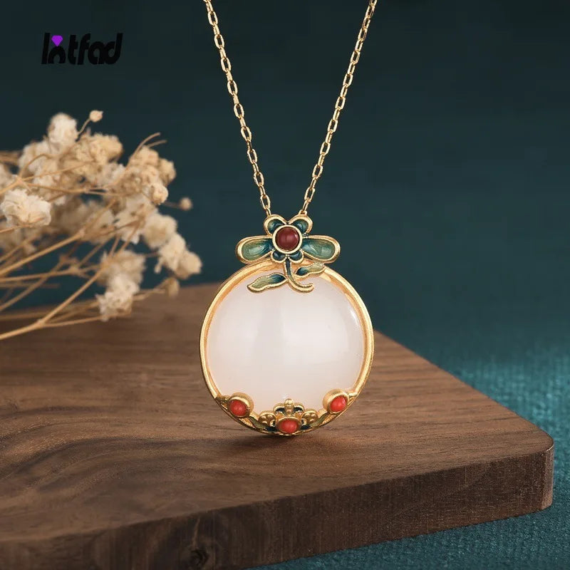 Jade Enamel Flower Branch Necklace for Women