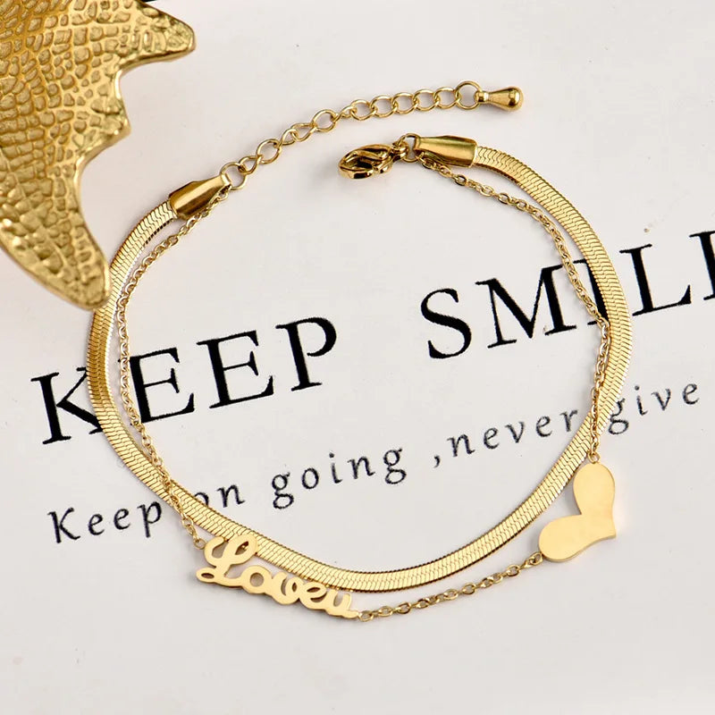Double Heart LOVE Anklet Stainless Steel Jewelry