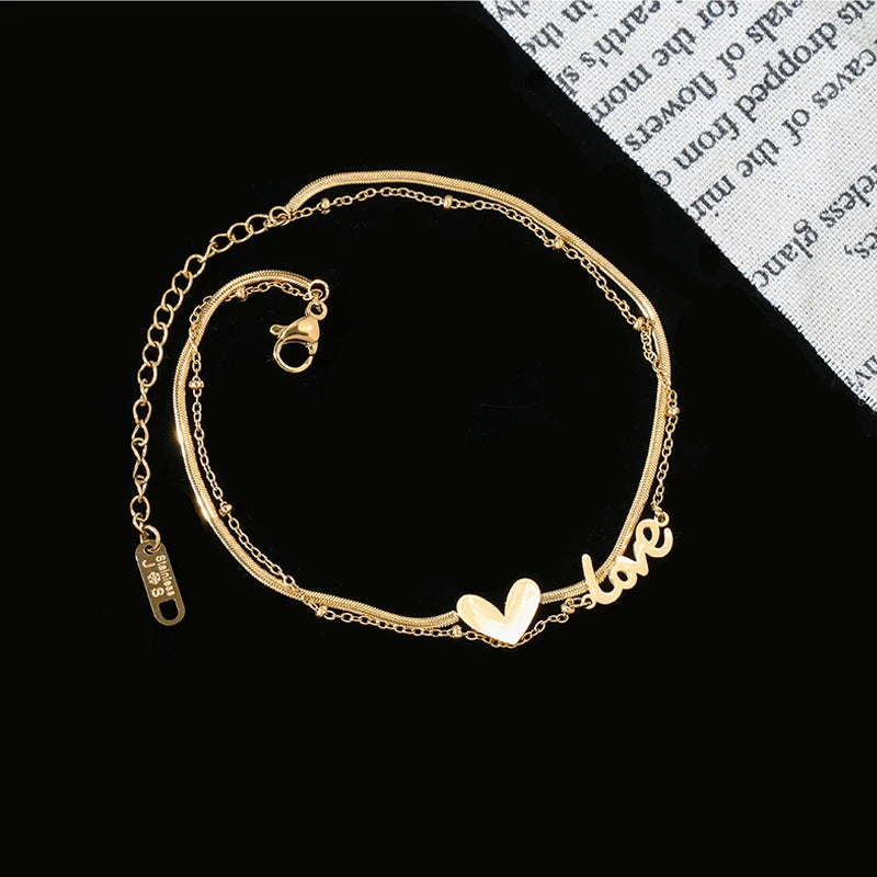 Double Heart LOVE Anklet Stainless Steel Jewelry for Women