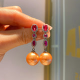 14mm Pearl Ruby Emerald Drop Earrings Women Party Charms Fine Jewelry