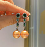 14mm Pearl Ruby Emerald Drop Earrings Women Party Charms Fine Jewelry