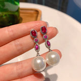 14mm Pearl Ruby Emerald Drop Earrings Women Party Charms Fine Jewelry
