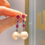 14mm Pearl Ruby Emerald Drop Earrings Women Party Charms Fine Jewelry