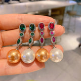 14mm Pearl Ruby Emerald Drop Earrings Women Party Charms Fine Jewelry