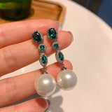 14mm Pearl Ruby Emerald Drop Earrings Women Party Charms Fine Jewelry