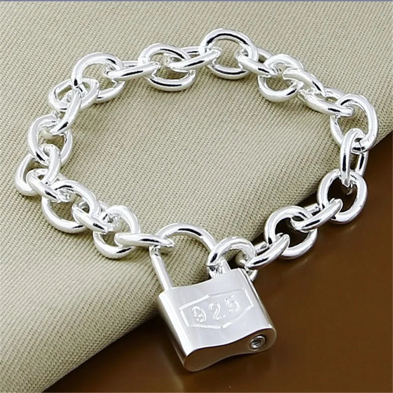 925 Silver Square Lock Chain Bracelet Men Women Jewelry