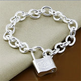 925 Silver Square Lock Chain Bracelet Men Women Jewelry