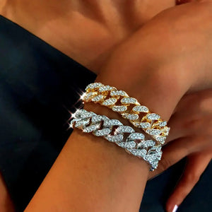 Punk Rhinestone Bracelet Hiphop Cuban Link Golden Silver Jewelry