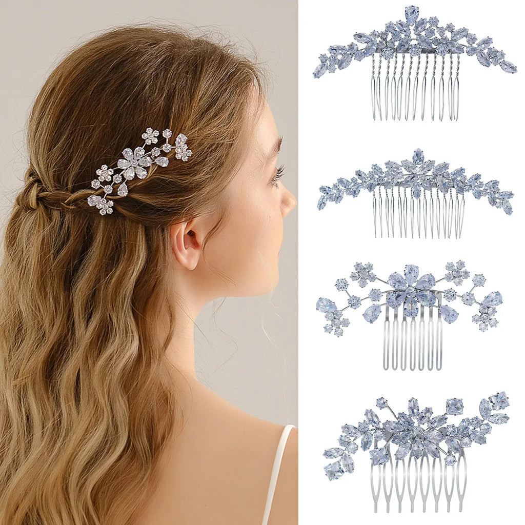 Silver CZ Hair Comb Bridal Wedding Tiaras Headdresses Jewelry