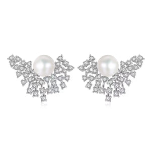 S925 18K Plated Pearl Fan Shaped Earrings For Woman Wedding Gift