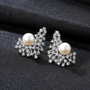 S925 18K Plated Pearl Fan Shaped Earrings For Woman Wedding Gift