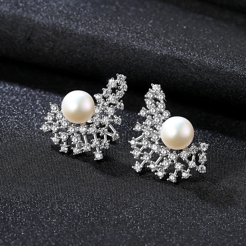 S925 18K Plated Pearl Fan Shaped Earrings For Woman Wedding Gift