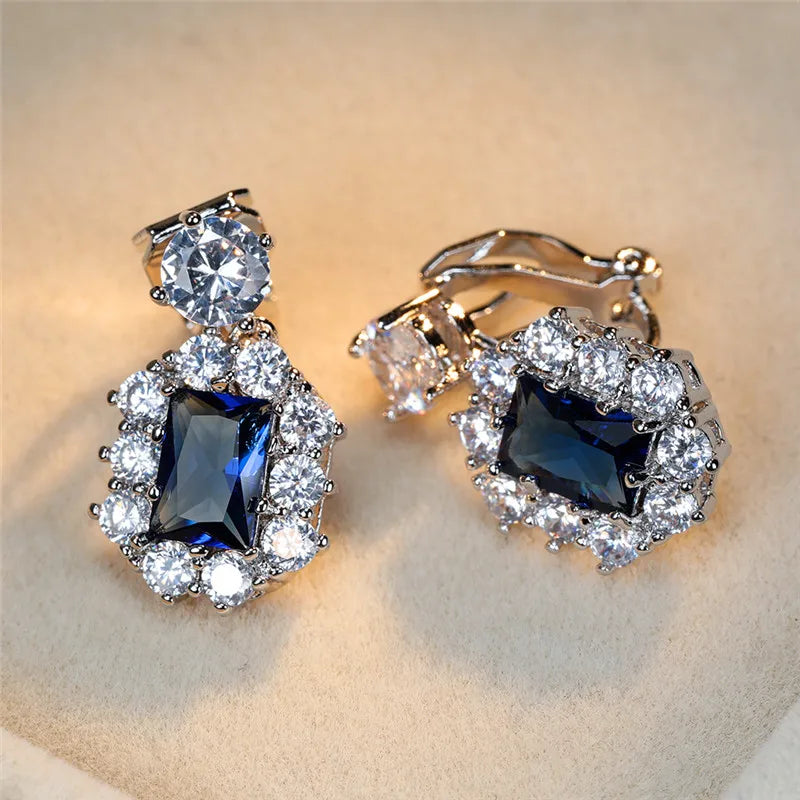 Crystal Green Clip Earrings Charm Silver Red Zircon Stone Wedding Earrings