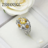 Big Crystal CZ Flower Ring Silver Yellow Promise Engagement Rings For Women