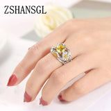 Big Crystal CZ Flower Ring Silver Yellow Promise Engagement Rings For Women