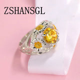 Big Crystal CZ Flower Ring Silver Yellow Promise Engagement Rings For Women
