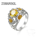 Big Crystal CZ Flower Ring Silver Yellow Promise Engagement Rings For Women