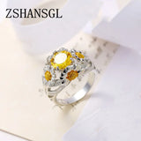 Big Crystal CZ Flower Ring Silver Yellow Promise Engagement Rings For Women