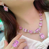 Pink Crystal Rings Jewelry Set Charm Silver Wedding Drop Earrings Women