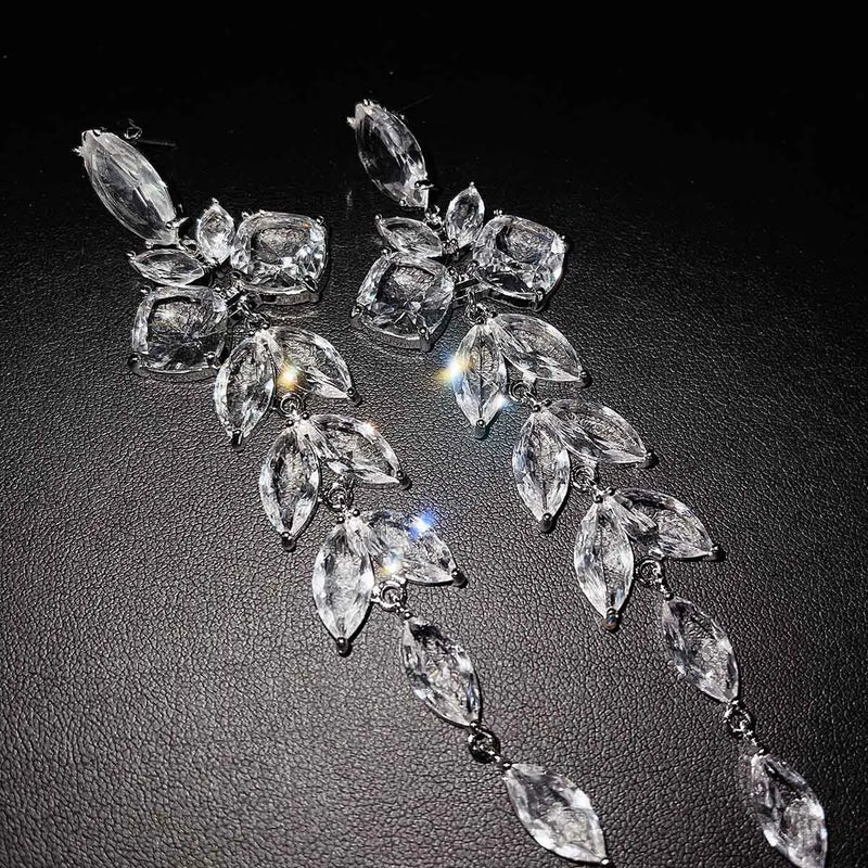 Silver Zircon Leaf Earrings for Wedding