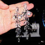 Silver Zircon Leaf Earrings for Wedding