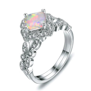 Opal Ring Set Crystal Silver Wedding Rings Women Bridal Square Engagement