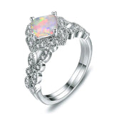 Opal Ring Set Crystal Silver Wedding Rings Women Bridal Square Engagement