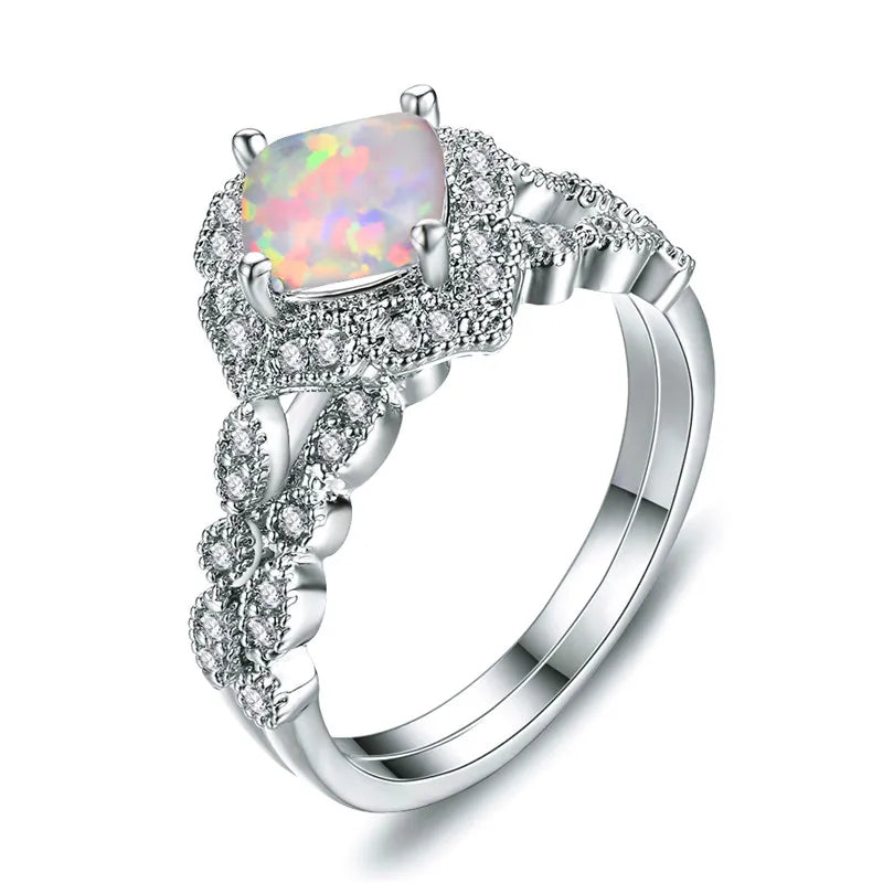 Opal Ring Set Crystal Silver Wedding Rings Women Bridal Square Engagement