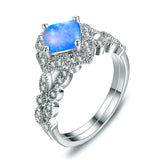 Opal Ring Set Crystal Silver Wedding Rings Women Bridal Square Engagement