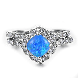 Opal Ring Set Crystal Silver Wedding Rings Women Bridal Square Engagement