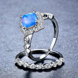 Opal Ring Set Crystal Silver Wedding Rings Women Bridal Square Engagement