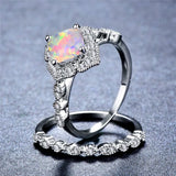 Opal Ring Set Crystal Silver Wedding Rings Women Bridal Square Engagement