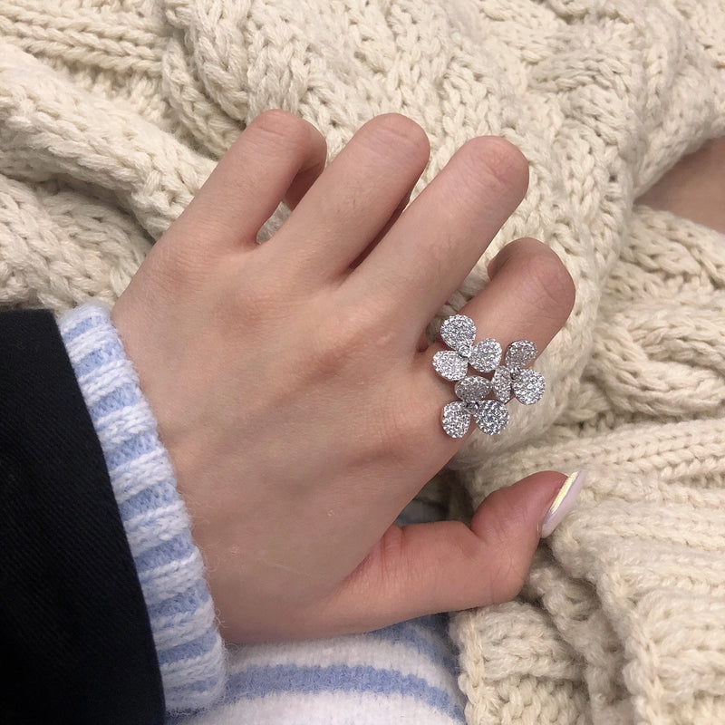 925 Stamp Flower Engagement Ring Women's Crystal Adjustable Wedding Ring