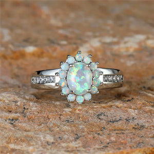 Fire Opal Stone Ring Boho Oval Silver Vintage Jewelry