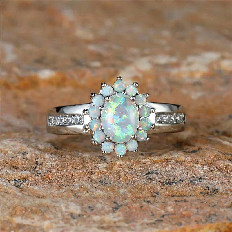 Fire Opal Stone Ring Boho Oval Silver Vintage Wedding Engagement Rings Women