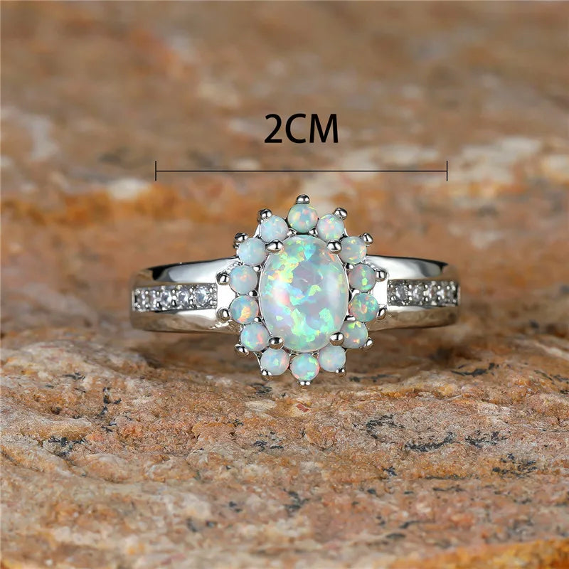 Fire Opal Stone Ring Boho Oval Silver Vintage Jewelry