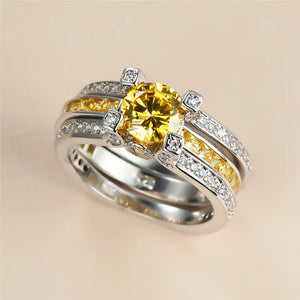 Dainty Silver Yellow Crystal Stone Ring Set