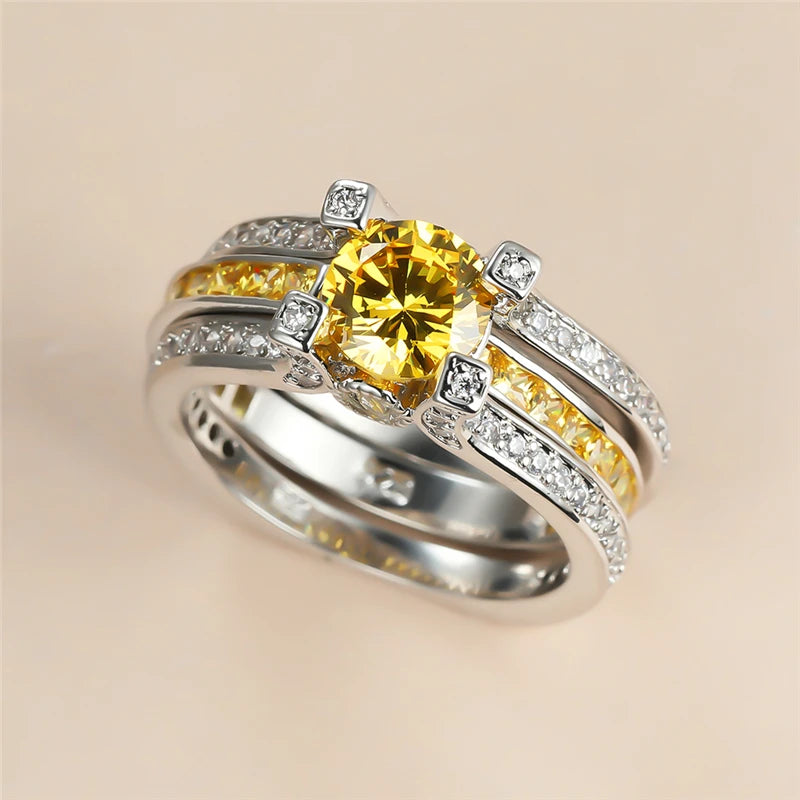 Dainty Silver Yellow Crystal Stone Ring Set