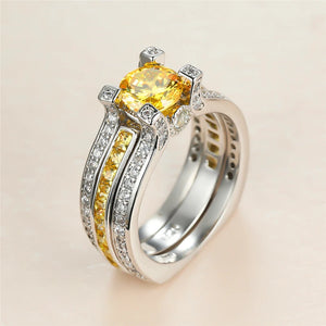 Dainty Silver Yellow Crystal Stone Ring Set