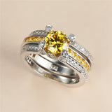 Dainty Silver Yellow Crystal Stone Ring Set