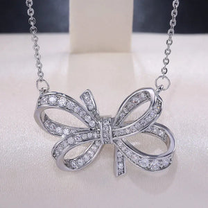Silver Zircon Big Bow Pendant Necklace for Women