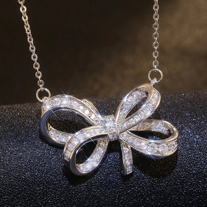 Silver Zircon Big Bow Pendant Necklace for Women