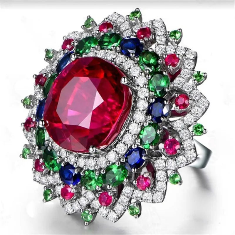 Large Flower Zircon Ring Multicolor Women's Gift Party Bijoux Wedding Jewelry